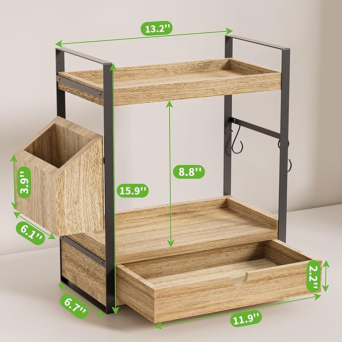Kottwca 2-Tier Bathroom Counter Organizer with Drawer, Basket & Hooks, Wooden Vanity Shelf for Skincare, Perfume & Makeup Storage(Light Brown)