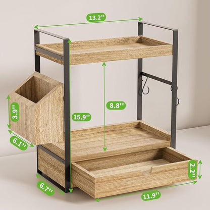 Kottwca 2-Tier Bathroom Counter Organizer with Drawer, Basket & Hooks, Wooden Vanity Shelf for Skincare, Perfume & Makeup Storage(Light Brown)
