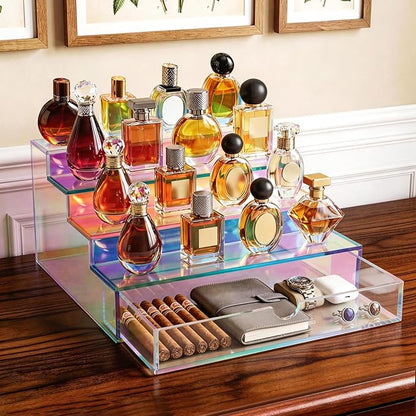 Cologne Organizer for Men with Drawer Acrylic Cologne Stand for Men 4-Tier Cologne Display Shelf Cosmetic Display Case, Iridescent