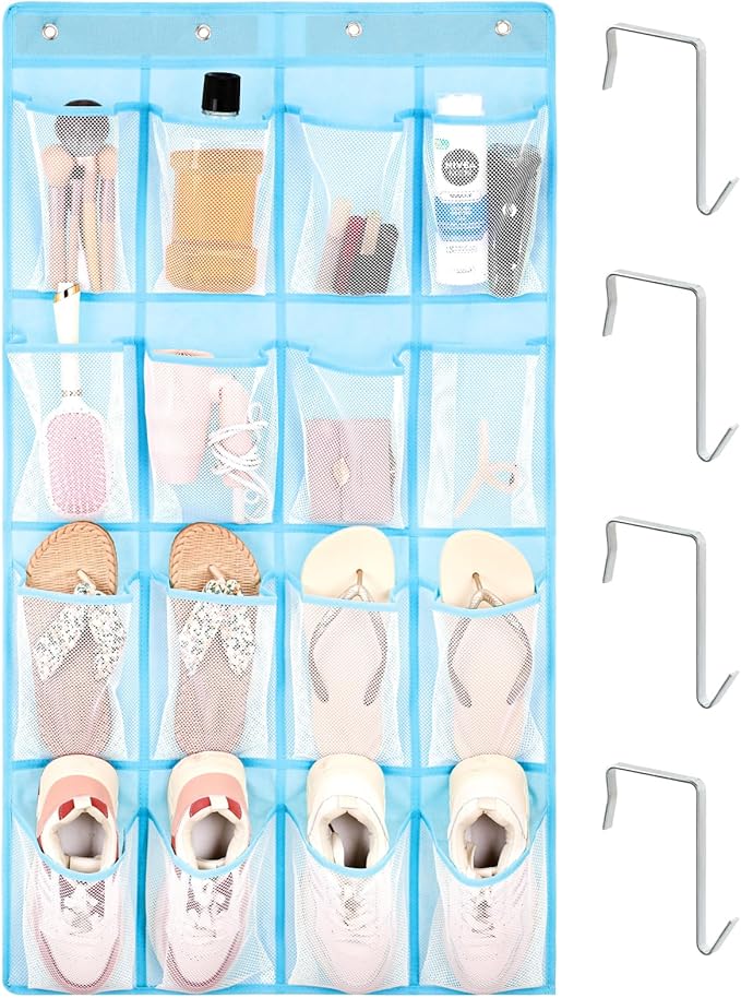 F-color 16-Pocket Hanging Organizer - Over the Door Shoe Organizer, Cruise Essentials for Cabin & RV, Breathable Mesh Storage Pockets, Space Saving Hanging Storage Holder with 4 Sturdy Metal Hooks