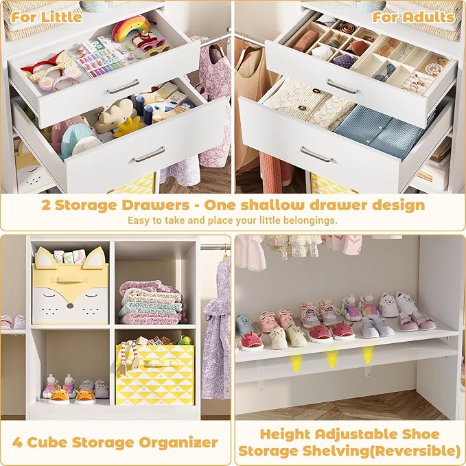 Besiost Closet System - 8FT Closet Organizer System with Wooden Drawers, 96" Closet Systems for Walk-In Closets with Cuttable Hanging Shelving, White