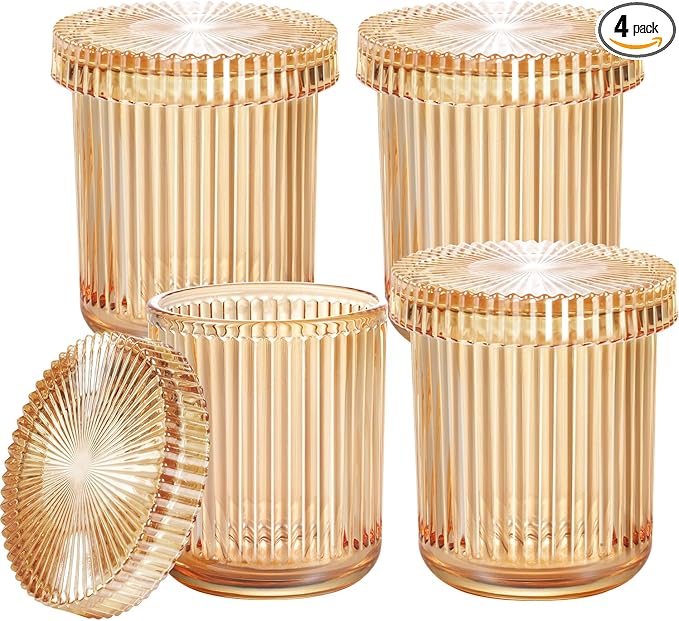 SheeChung Glass Qtip Holder Dispenser, 4-Pack Glass Apothecary Jars - Vintage Sunburst Bathroom Organizer Set - Cotton Swab Ball Pad Storage - Bathroom Accessories Decor（Amber）