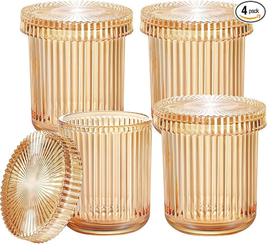 SheeChung Glass Qtip Holder Dispenser, 4-Pack Glass Apothecary Jars - Vintage Sunburst Bathroom Organizer Set - Cotton Swab Ball Pad Storage - Bathroom Accessories Decor（Amber）