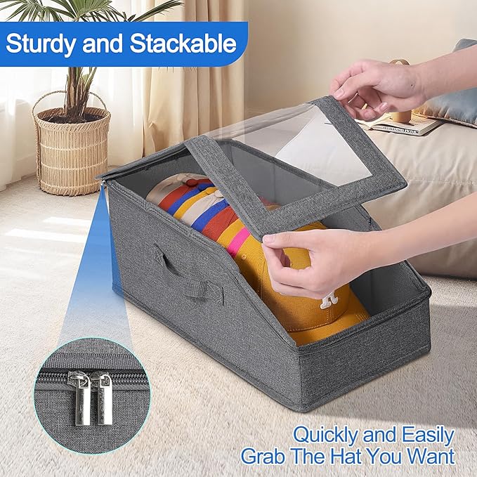 2 PCS Stackable Hat Storage for Baseball Caps with Clear Window Lid，Holds up to 28 Caps Hat Organizer Boxes for Closet，Sturdy Snapback Baseball Cap Organizer for Closet Shelf Use (Deep Grey)