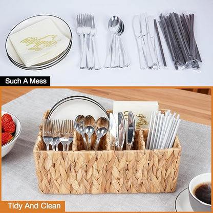 Wicker Silverware Organizer Basket,Hand Woven Kitchen Utensil Holder with Handles,Flatware Storage Caddy for Countertop Dining Picnic Party Table,Natural Cutlery Caddy for Plates,Napkins&Utensils