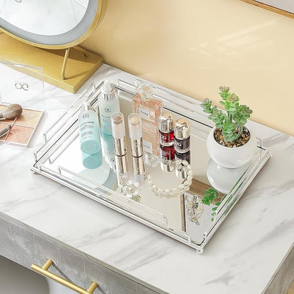 Tieson Mirror Tray Contemporary Silver Dresser Perfume Tray Bathroom Dresser Bedroom (Silver)
