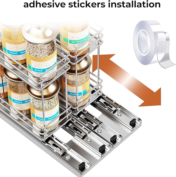 Mystozer Pull Out Spice Rack Organizer for Cabinet, Slide Out Spice Racks, Easy to Install, 7.08" Wx10.43 Dx8.26 H, 2 Drawers 2 Tiers(Silver)