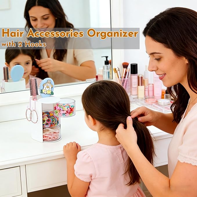 Hair Accessories Organizer With 2 Hooks,Girls Hair Accessory Organizer with Hair Brush Holder,3-Layer Hair Tie Organizer (Cloud Dancer White)