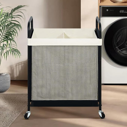 STO STO Laundry Hamper 2 Section, 100L Rolling Laundry Sorter Cart with Removable and Washable Liner Bag, Clothes Hamper with Wheels and Metal Handle for Laundry Room and Bedroom