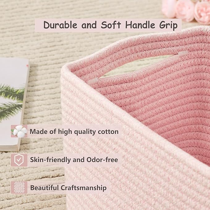 Set of 4 Pink Rope Basket for Shelves Woven Rectangle Storage Basket Bins for Nursery Toy Storage for Baby Girl
