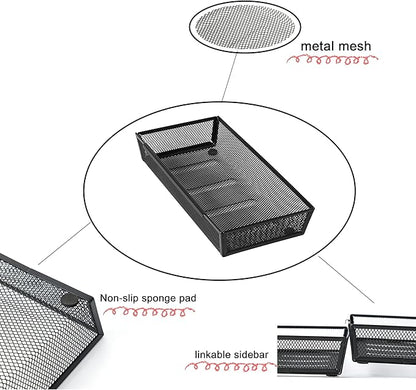 Mesh Tray Silverware Drawer Organizer, Utensil Cutlery Tray Office Supplies with Interlocking Arm Drawer Dividers Organizer for Flatware, Knives,Home,Office, School,Bedroom 12X6'' Black