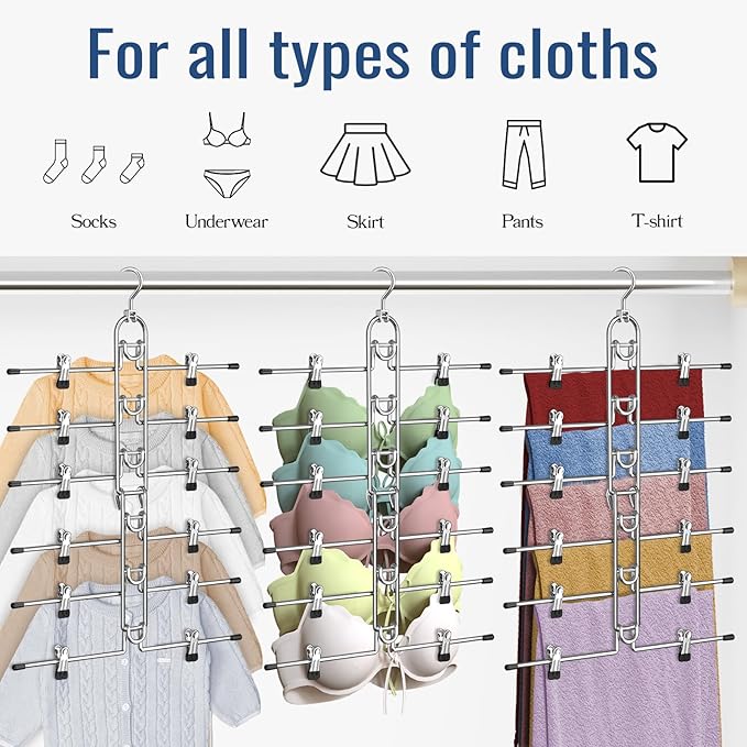 Pants & Skirt Hangers with Clips, Newly Upgraded Detachable - Space Saving Hangers, 6-Tiers Foldable Skirt Hangers for Women - Hanging Closet Organizer and Storage - 4 Pack, Patent Pending