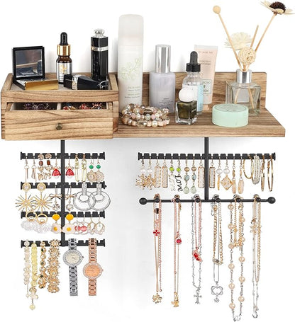 VINAEMO Jewelry Organizer Hanging Wall Mounted Jewelry Holder with Rustic Wood Drawer & Large Capacity Storage Shelf Rack Display for Earrings Rings Necklaces Bracelet