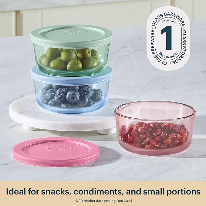 Pyrex Colors (3-Pack, Medium) Tinted Glass Round Food Storage Container Set, Snug Fit Non-Toxic Plastic BPA-Free Lids, Freezer Dishwasher Microwave Safe, 2 Cup, 4 Cup & 7 Cup, Blue