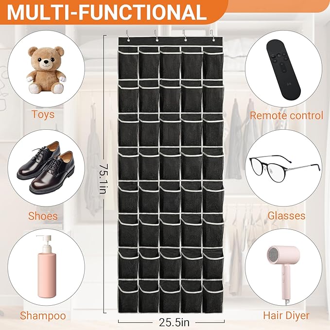 40-Pocket Over the Door Shoe Organizer - Large Mesh Pocket Hanging Shoe Organizer,Behind the Door Shoes Storage Holder Hanger (Black-W)