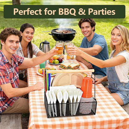 Wood Handle Silverware Caddy for Party – Paper Plate Organizer for Countertop – 7 Compartment Utensil Holder for Plates, Cups, Napkins, and Cutlery – Picnic, Camping, or Kitchen Buffet