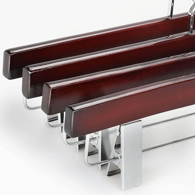 TOPIA HANGER Pants Hangers, Deluxe Cherry Wood Skirt Hangers with 2 Big Premium Metal Clips and 360° Swivel Anti-Rust Flat Hook, 20 Pack Boutique Hanger for Skirts, Trousers, Jeans, Slacks, CT03M