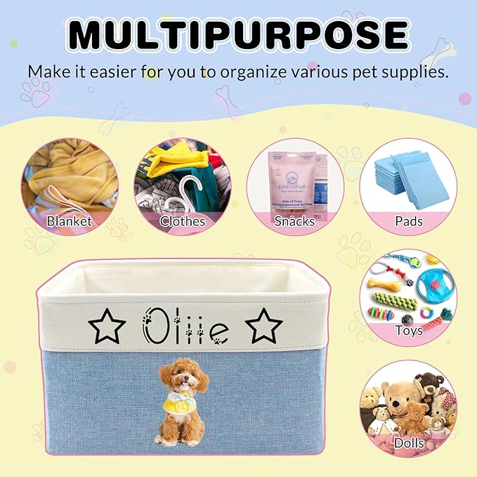 Personalized Dog Cat Toy Storage Basket with Pet's Name Custom Foldable Storage Box with Handles for Blankets Pet Stuff, Toys, Clothes