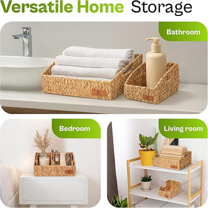 Water Hyacinth Storage Baskets for Shelves Set of 3, Rectangular Open-Top Wicker Storage Bins with Handles, Shelf Baskets for Closet, Bathroom, Pantry + Tissue Box Cover