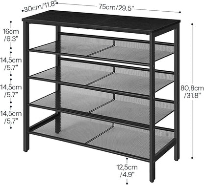 HOOBRO Shoe Rack for Entryway, 5-Tier Shoe Organizer with Adjustable Mesh Shelves, 12-16 Pairs of Shoes, Spacious Floor Mount, Metal, Industrial, Shoe Shelf for Closet, Black BB12XJ01