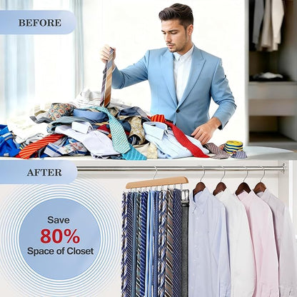 Tie Rack Hanger for Closet 20 Foldable Hooks, 2 Pack Wooden Non Slip Large Capacity Space Saving Tie and Belt Organizer with 360° Rotating Hooks for Tank Tops Bras Scarves Hat
