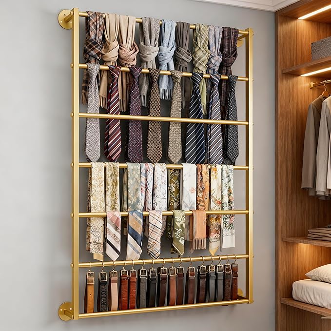 Wall Mounted Display Rack, 7-Layer Wrapping Paper Ribbon Organizer Scarves Tie & Scarf Rack Belts Towel Holder Necktie Hijab Stand Metal Shelving for Home, Retail Stores, Flower Shop