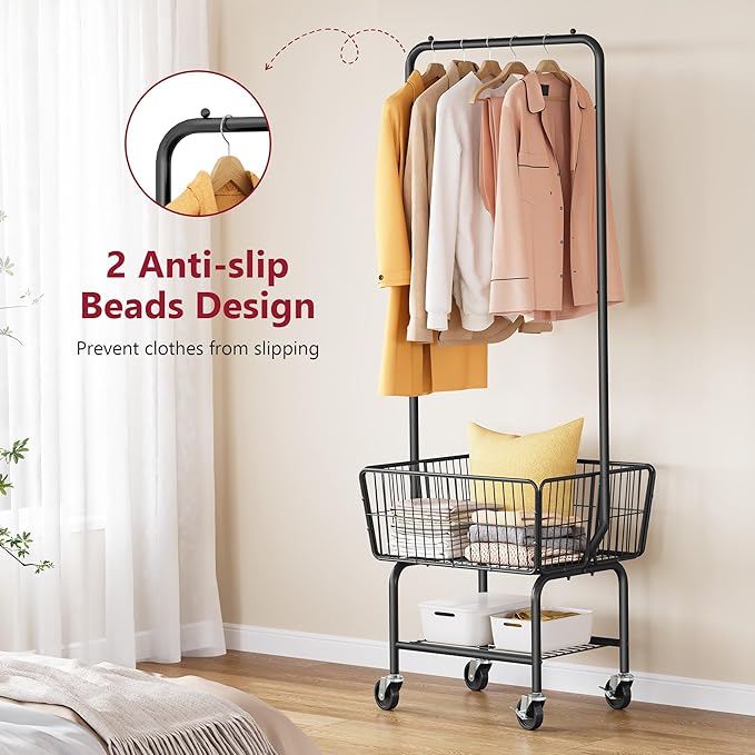 Tajsoon Laundry Cart with Hanging Rack, Metal Laundry Basket with Wheels, Laundry Hamper with Storage Basket and Shelf, Rolling Laundry Cart with Wheels, Black