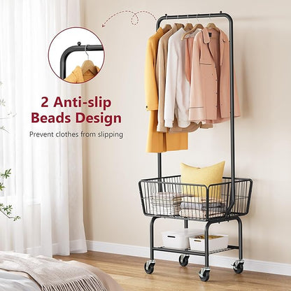 Tajsoon Laundry Cart with Hanging Rack, Metal Laundry Basket with Wheels, Laundry Hamper with Storage Basket and Shelf, Rolling Laundry Cart with Wheels, Black