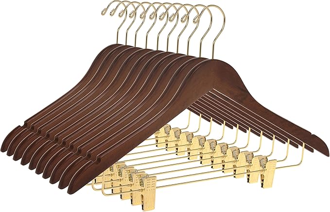 Quality Wooden Skirt Hangers with Clips, 10-Pack Smooth Solid Wood Pants Hangers with Durable Adjustable Metal Clips, Swivel Hook, Coat, Jacket, Blouse Suit Hangers (Walnut - Gold Hook, 10)