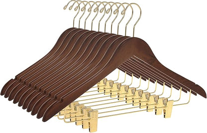 Quality Wooden Skirt Hangers with Clips, 10-Pack Smooth Solid Wood Pants Hangers with Durable Adjustable Metal Clips, Swivel Hook, Coat, Jacket, Blouse Suit Hangers (Walnut - Gold Hook, 10)