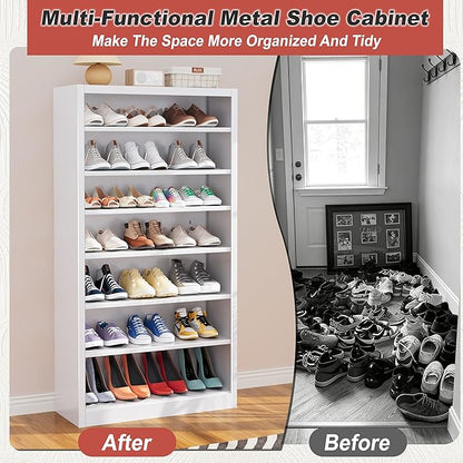 Tall Shoe Cabinet, 7 Tiers 30-35 Pairs Heavy Duty Metal Freestanding Shoe Rack, Vertical Shoe Storage Organizer with Adjustable Shelves, Shoe Shelf for Entryway, Bedroom (White, 55" H)