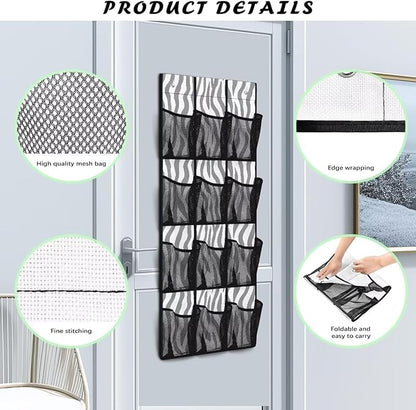 Zebra Stripes Over The Door Organizer 12 Pockets Door Hanging Shoe Organizer Mesh Fabric Wall Hanging Storage for Closet Space Saving Shoe Holder Hanger