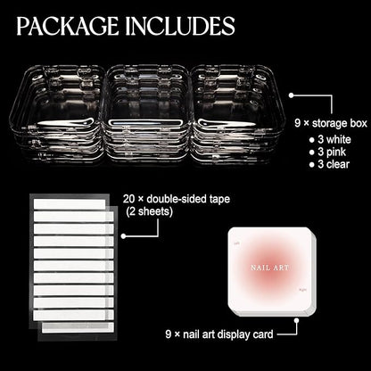 Qsnidy 9 Pcs Press On Nail Storage Box, Transparent Acrylic Fake Nail Case with 9 Display Cards and 2 Sheets of Double-Sided Adhesive Tape (20 Strips) for Nail Art Home Salon Packaging Use