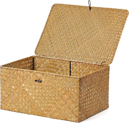Nonam Seagrass Storage Large Basket with Lid,Wicker Basket Storage Bin with Lid for Shelves,Boho Decor,Handwoven Shelf Basket for Organizing-Storage Container Box for Home Organization-Natural