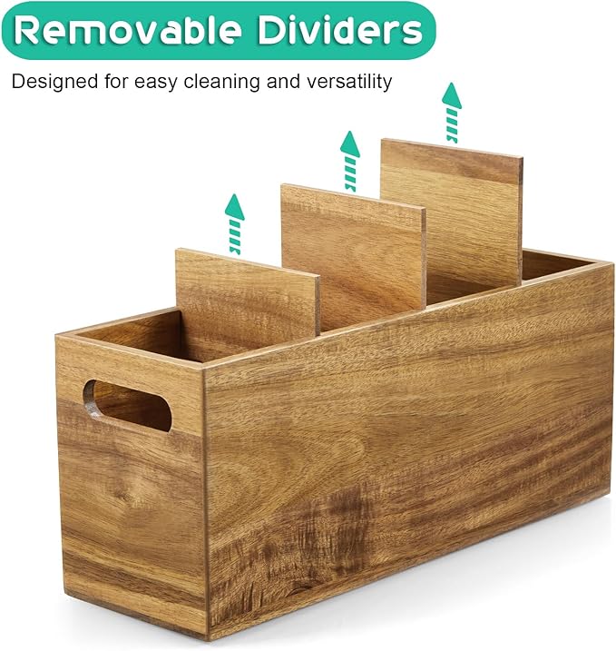 ALELION Acacia Wood Utensil Holder with Removable Divider - 4 Compartment Wooden Utensil Caddy Organizer for Kitchen Counter - Cooking Utensil Crock for Countertop