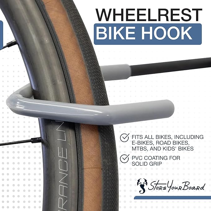 StoreYourBoard WheelRest Bike Hook, No-Lift Garage Bike Wall Mount 75lbs Max Load, Fits All Bikes, Vertical Bicycle Storage Rack, Adjustable Bike Hanger for MTB, Road, eBike, 1 Pack