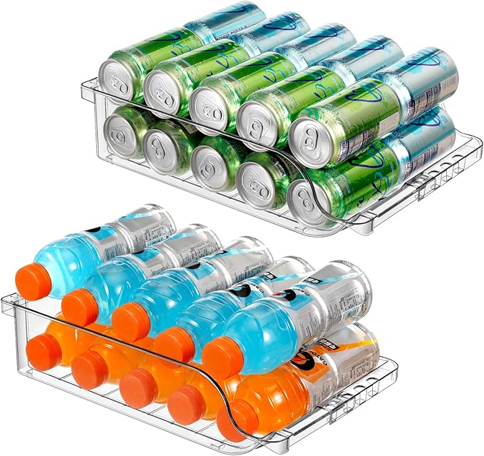 Rolling Soda Can Organizer and 2 Packs Clear Width Adjustable Soda Can Organizer for Refrigerator for Beer Soda Seltzer Drink Pop Cans Holder Storage Pantry Organization