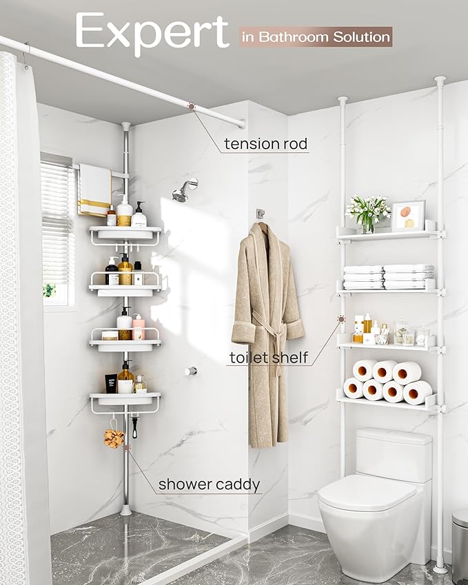 ALLZONE Corner Shower Caddy Tension Pole, Extendable Rustproof Stainless Steel Pole & 4-Tier Adjustable Shelves for Easy Drainage and Built-to-Last Stability, 34 to 116 Inches, White