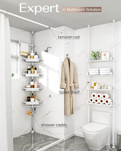 ALLZONE Corner Shower Caddy Tension Pole, Extendable Rustproof Stainless Steel Pole & 4-Tier Adjustable Shelves for Easy Drainage and Built-to-Last Stability, 34 to 116 Inches, White