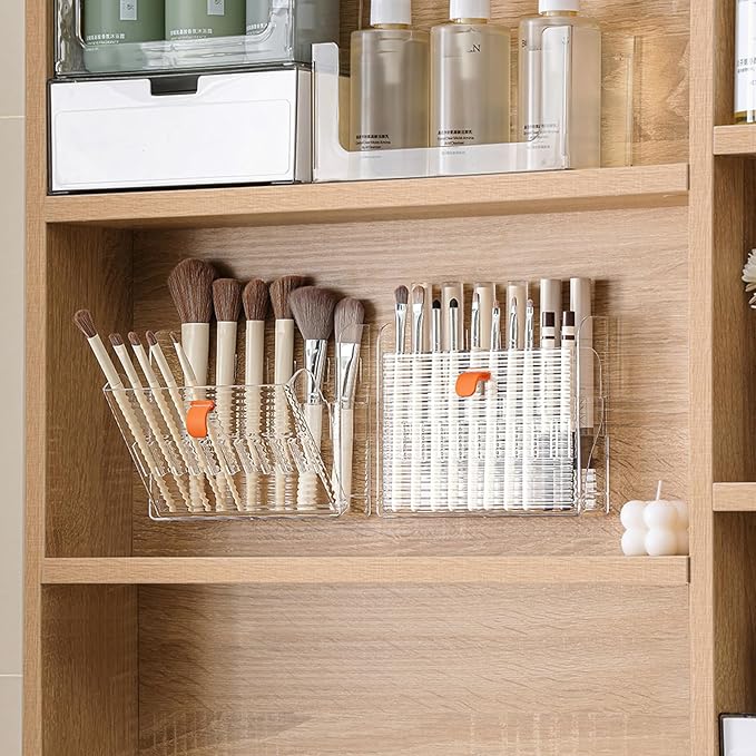 Wall-Mounted Makeup Eyeliner Lip Liner Organizer Holder, 16-Slot Cabinet Storage for Brush, Makeup Pencils, Concealer Pencil Display Case for Vanity Bathroom, Clear