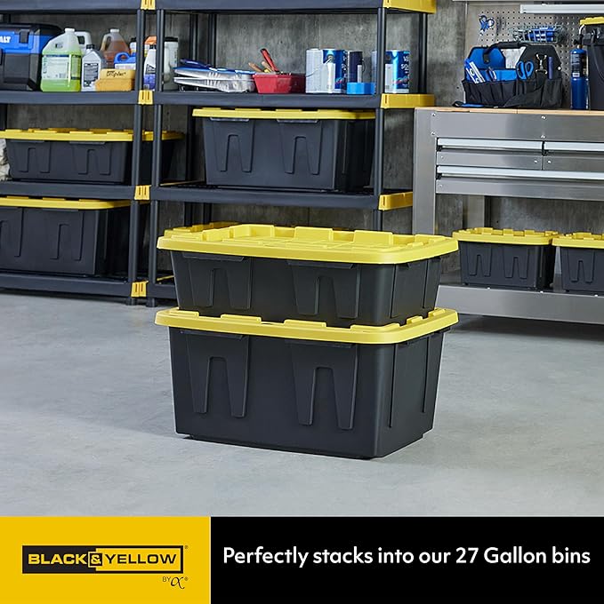 CX BLACK & YELLOW, 15-Gallon Heavy Duty Tough Storage Container & Snap-Tight Lid, (9.5H x 20.6W x 30.6D), Weather-Resistant Design and Stackable Organization Tote [3 Pack]