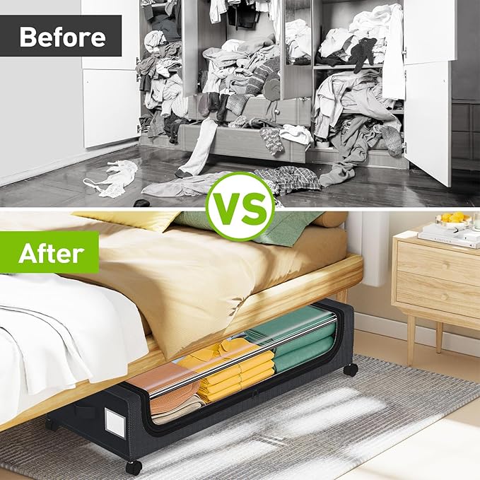 APSARAS USA Under Bed Storage with Wheels, Underbed Storage with Wheels and Clear Window, Rolling Drawers & Bins for Shoes Clothes in Dorm Bedroom, Easy Pull-out Black 2-Pack- Space-Saving