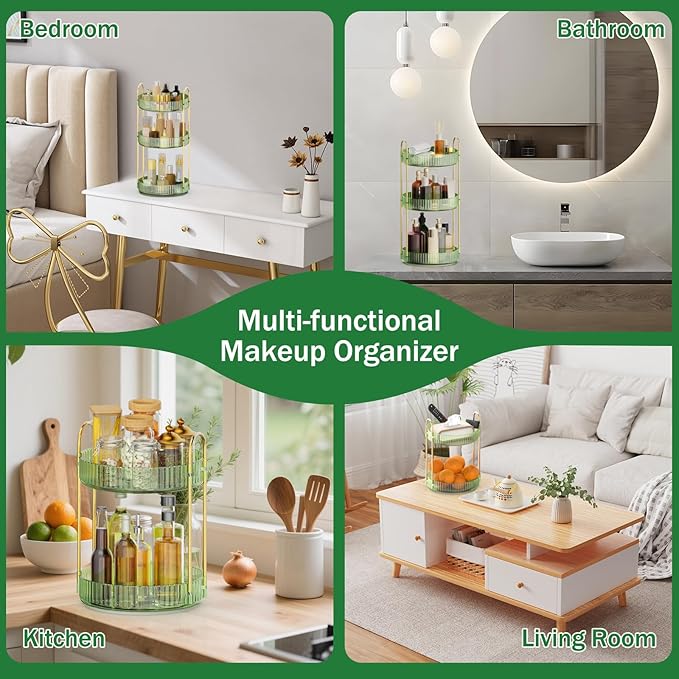 MOKANI 360 Rotating Makeup Organizer for Vanity, 3 Tier Adjustable Perfume Organizer for Dresser, Multi-Function Spinning Cosmetics Skincare Storage for Bedroom, Dresser, Countertop, Green