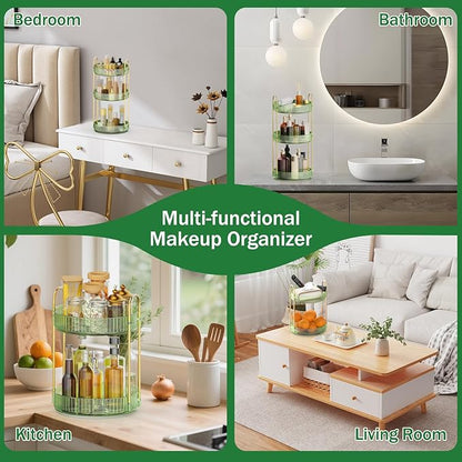 MOKANI 360 Rotating Makeup Organizer for Vanity, 3 Tier Adjustable Perfume Organizer for Dresser, Multi-Function Spinning Cosmetics Skincare Storage for Bedroom, Dresser, Countertop, Green
