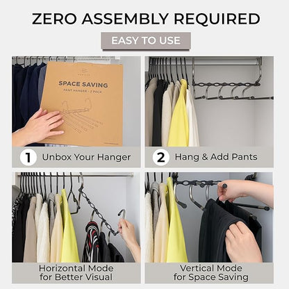 MORALVE Pants Hangers Space Saving - 4 Pack - Non-Slip Multi-Layer Space Saving Hangers - Multifunctional Clothing Rack for Closet Storage - Ideal for Jeans, Trousers, Skirts, Scarves & Slacks (Black)