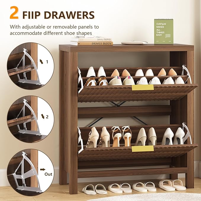 YOMILUVE Shoe Cabinet Storage for Entryway, Fluted Shoe Cabinet with 2 Flip Drawers, Hidden Shoe Rack Tall Freestanding Shoe Organizer with Legs for Hallway, Walnut