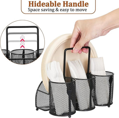 Paper Plate and Silverware Holder Caddy, 4 Compartments Metal Utensil Cutlery Caddy for Party, Spoon, Fork and Paper Plate Organizer with Handle for Countertop,Buffet, Picnic, Camping, Outdoor, BBQ