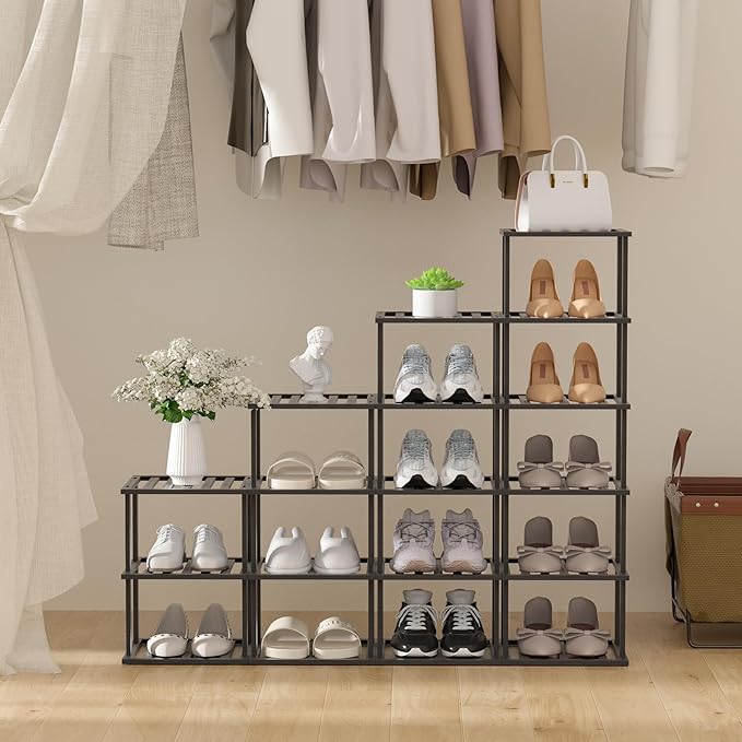 SHIISEWE Bamboo Shoe Rack for Small Spaces 6 Tier Tall Vertical Narrow Rack for Closet Stackable Shoe Holder, Black Stand for Entryway Storage Shoe Organizer