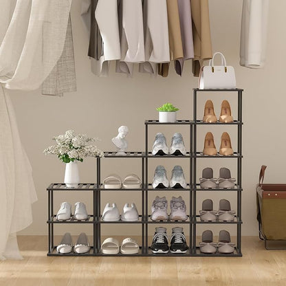 SHIISEWE Bamboo Shoe Rack for Small Spaces 6 Tier Tall Vertical Narrow Rack for Closet Stackable Shoe Holder, Black Stand for Entryway Storage Shoe Organizer