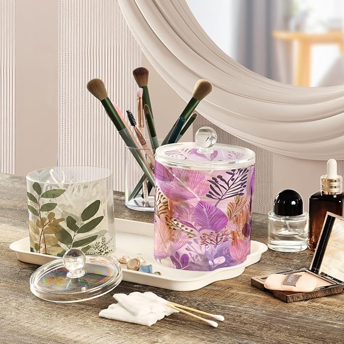 2 Pack Qtip Dispenser Apothecary Jars with Lids Cotton Round Holder Bathroom Canisters for Cotton Swab Floss Ball Pads Clear Plastic Decorative Purple and Beige Boho Leaves